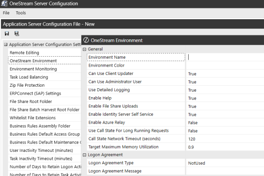 OneStream Enviornment field selected to display General OneStream Enviornment properties